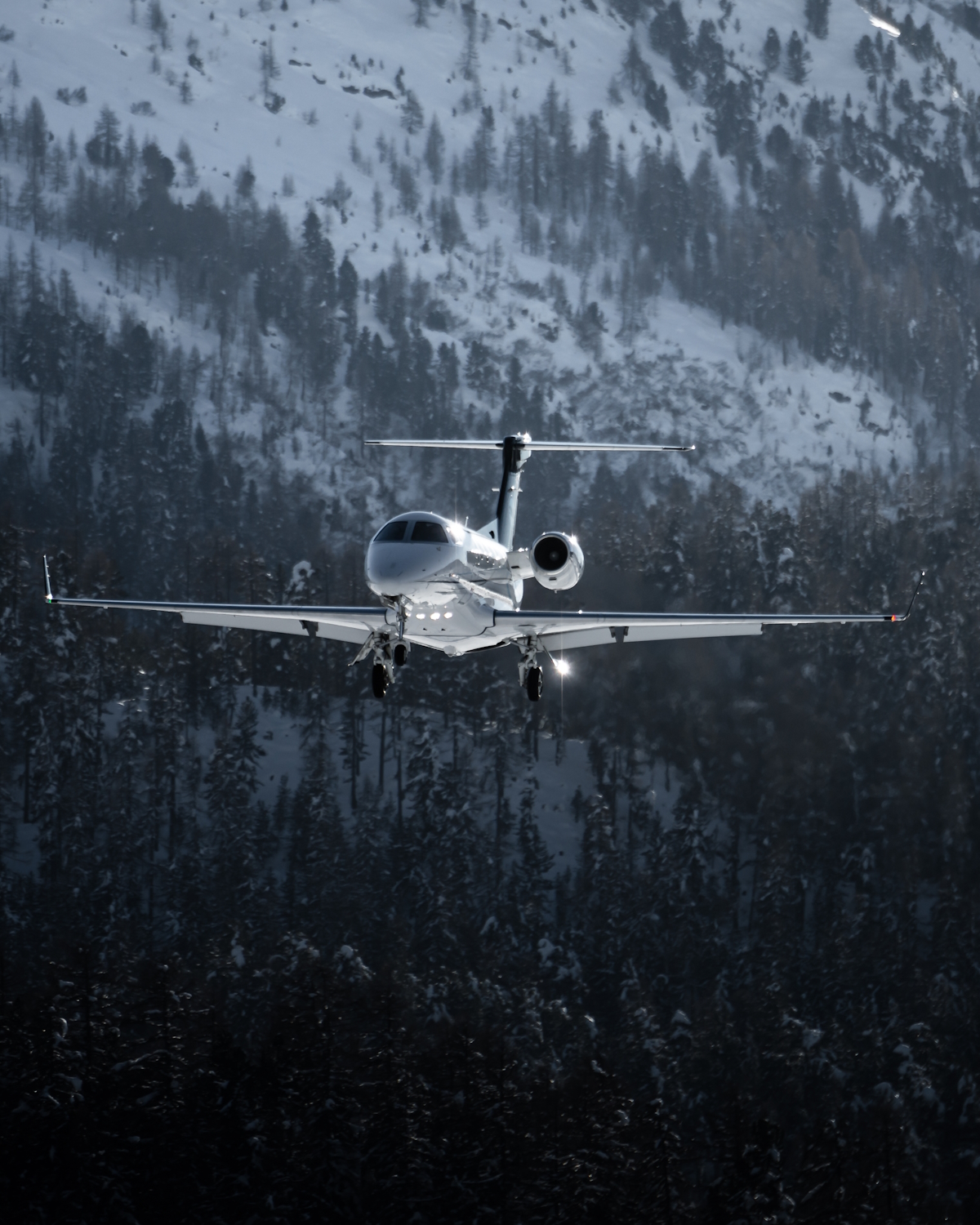 Private,Jet,Landing,In,The,Swiss,Alps,During,Winter,Season.